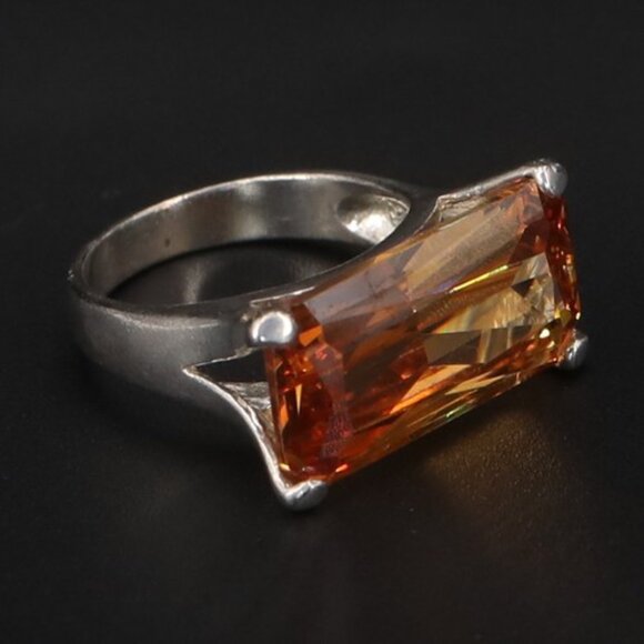 Sterling Silver Orange CZ Solitaire Cocktail Ring Size 9 - 10.5g - Picture 1 of 9